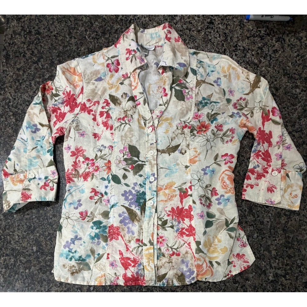 Harve Benard Womens XL Floral Linen Cotton Blouse 3/4 Sleeve Button Front Top